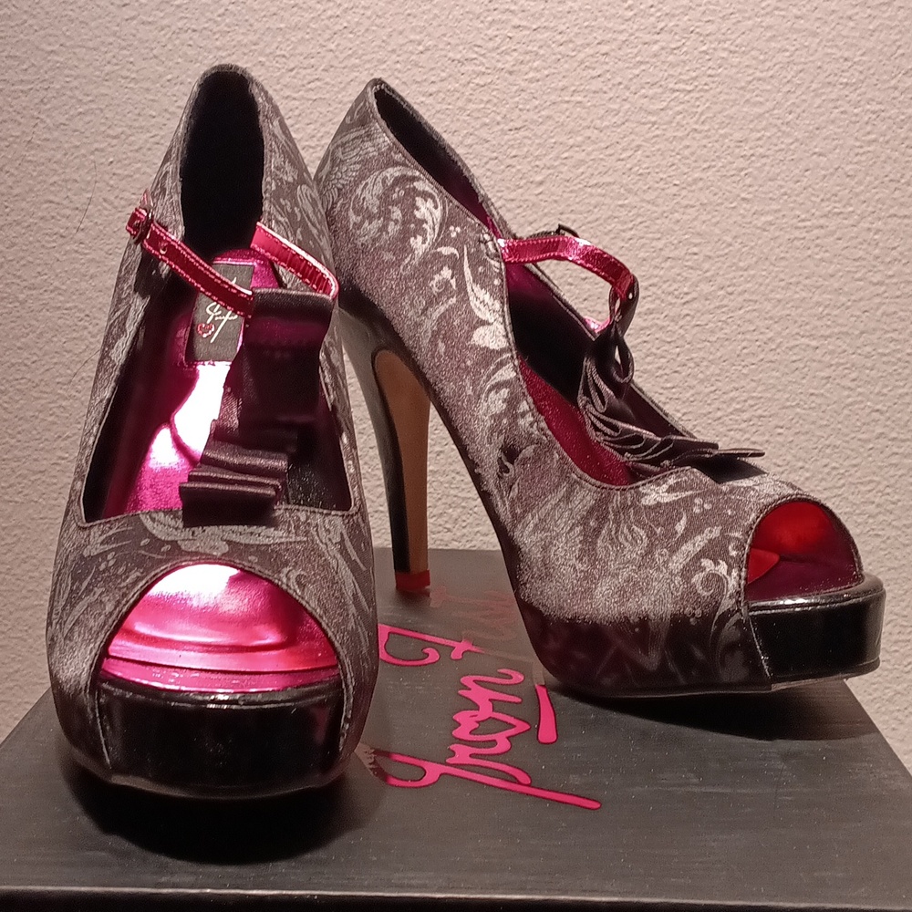 Iron Fist Black and Pink Goth Pattern Peep-Toe Heels - Picture 9 of 14